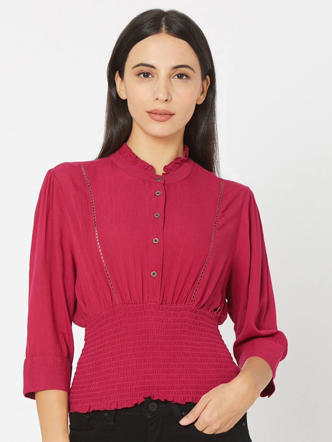 SPYKAR Red Mandarin Collar Smocked Cinched Waist Top