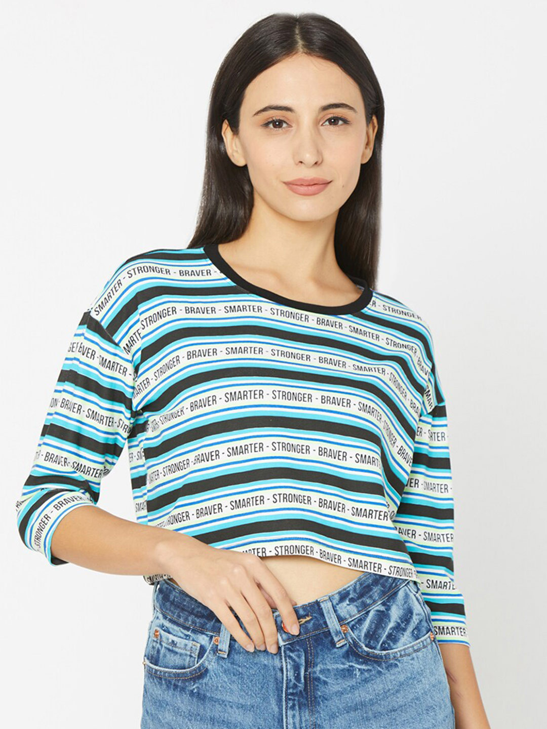 SPYKAR Women Blue & Lime Green Typography Slim Fit Pure Cotton T-shirt