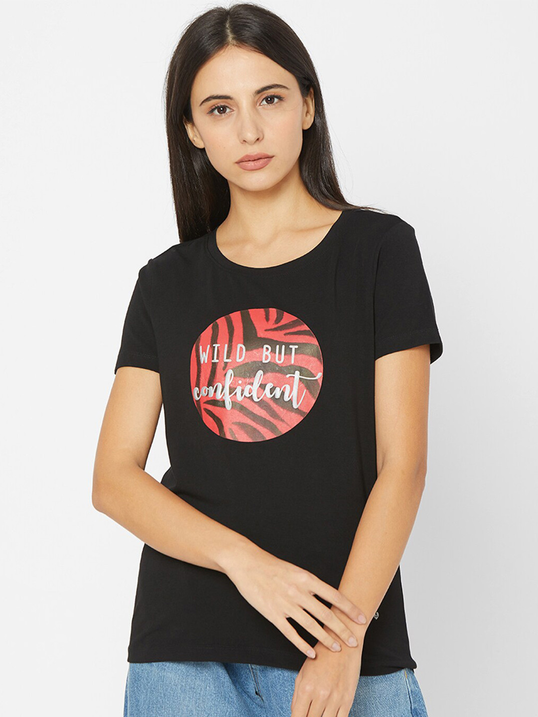 SPYKAR Women Black Typography Printed T-shirt
