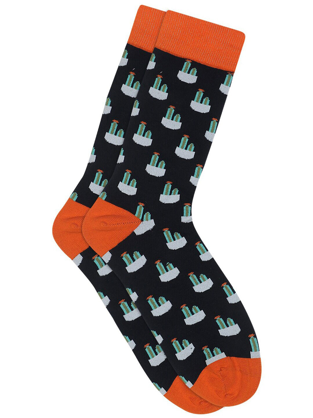 Soxytoes Men Navy Blue & Orange Patterned Calf Length Socks