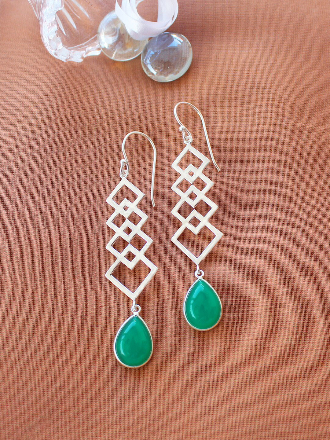 ERILINE JEWELRY Silver-Toned With Green Onyx Contemporary Drop Earrings