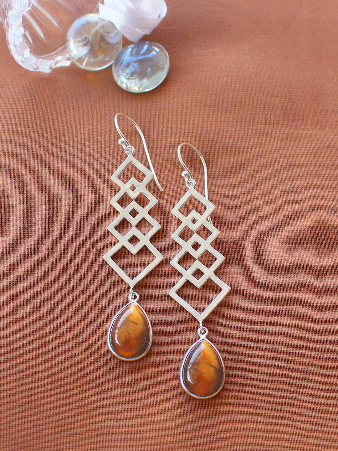 ERILINE JEWELRY Silver-Toned & Brown Teardrop Shaped Drop Earrings