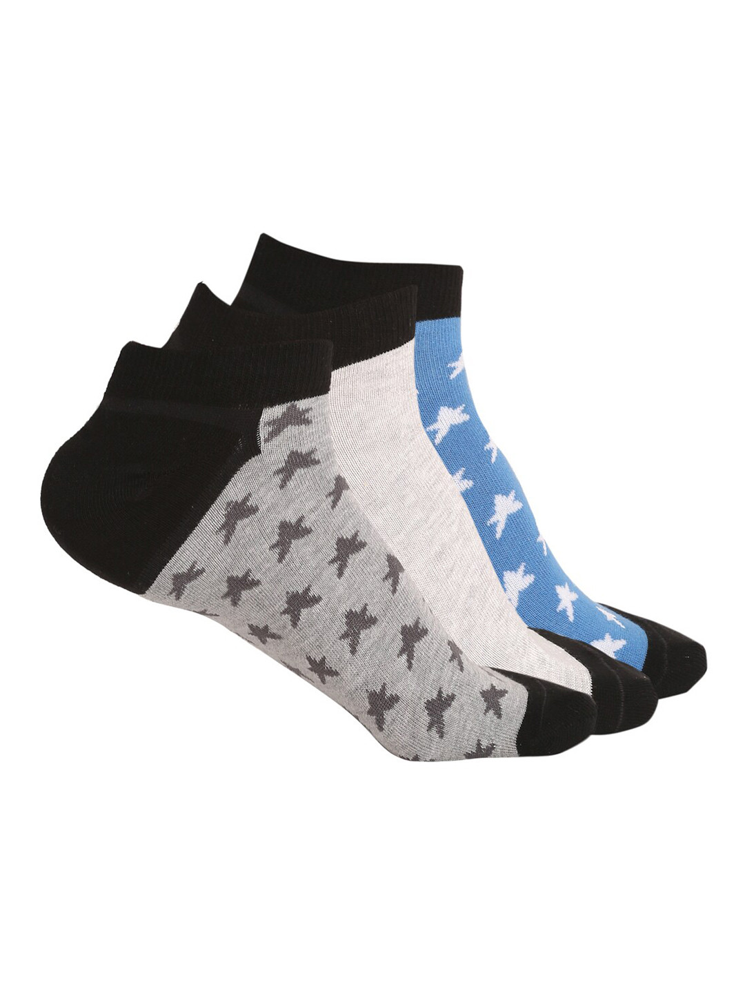 MUTAQINOTI Men Pack Of 3 Blue, Grey & White Star Pattern Ankle Length Rich Cotton Antimicrobial Socks