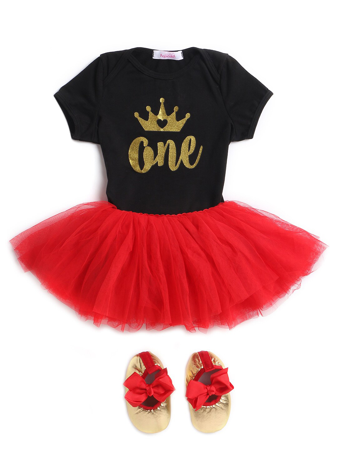 Hopscotch Girls Black & Red Printed T-shirt with Skirt