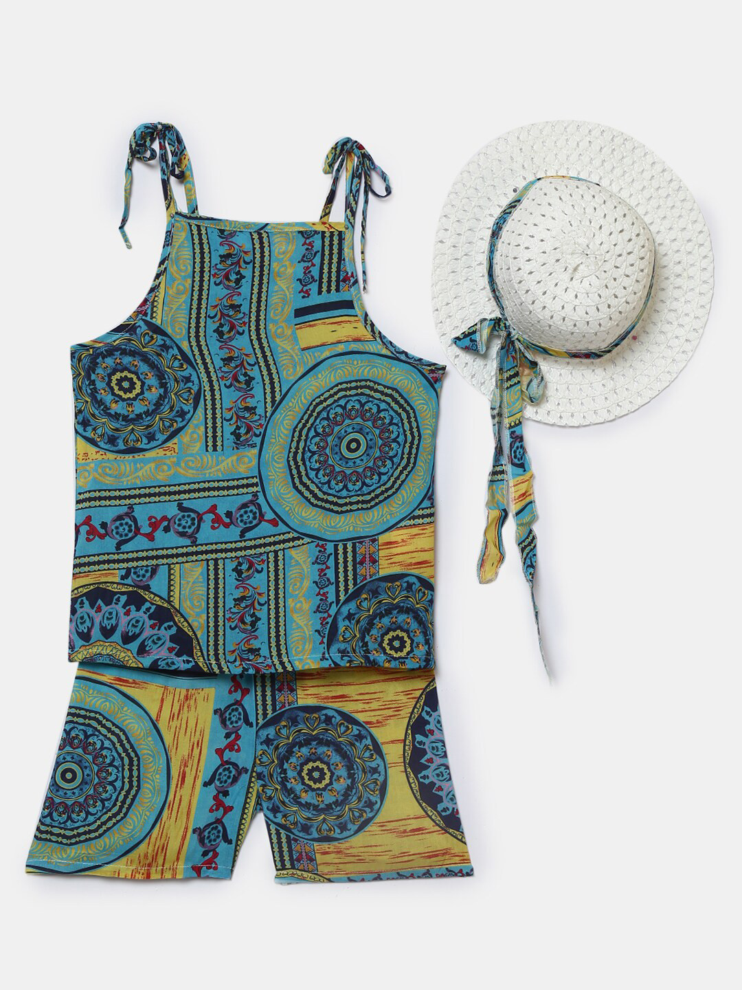 Hopscotch Girls Green & Navy Blue Printed Top with Shorts