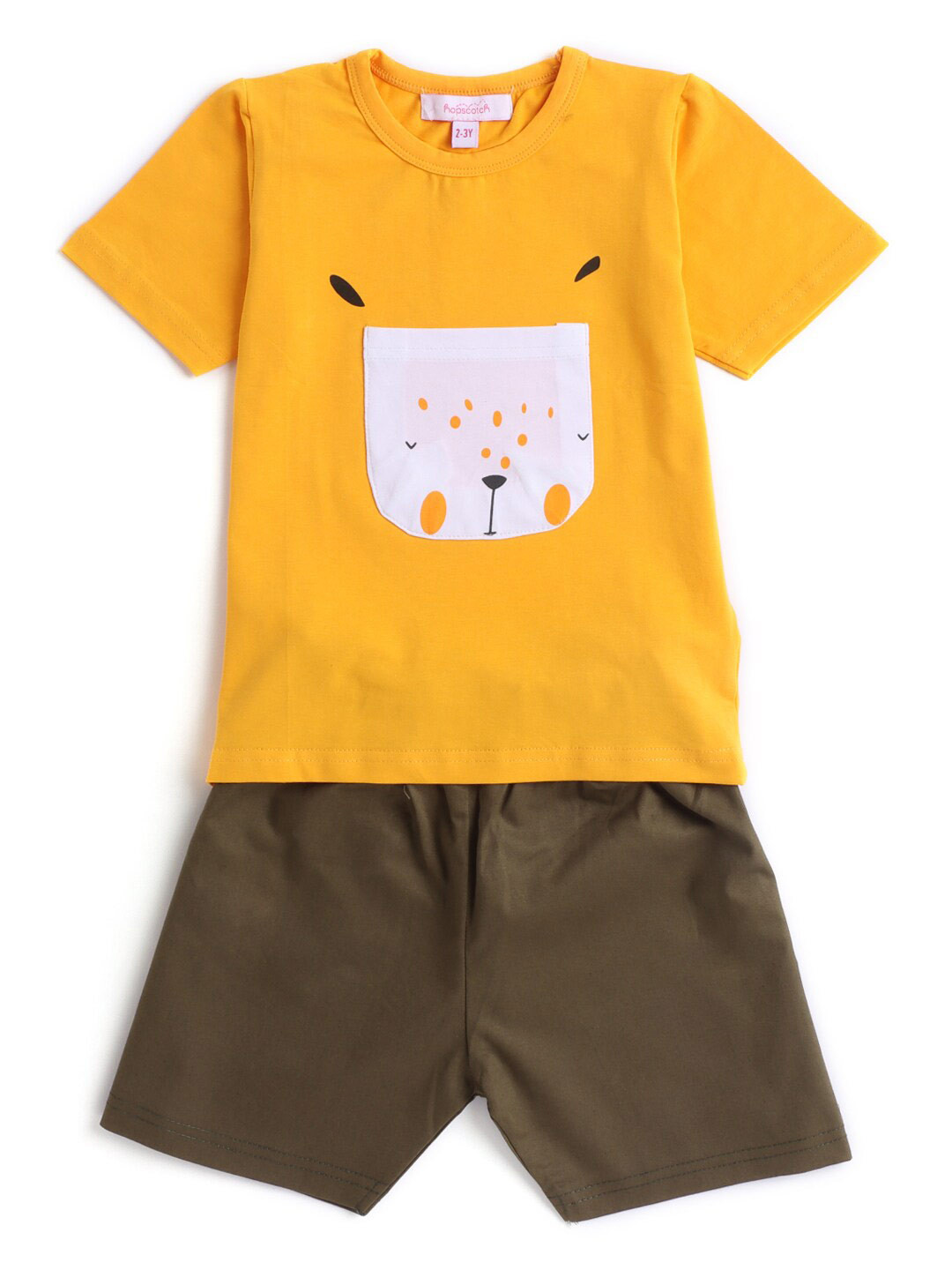 Hopscotch Boys Yellow & Olive Green Pure Cotton Printed T-shirt with Shorts