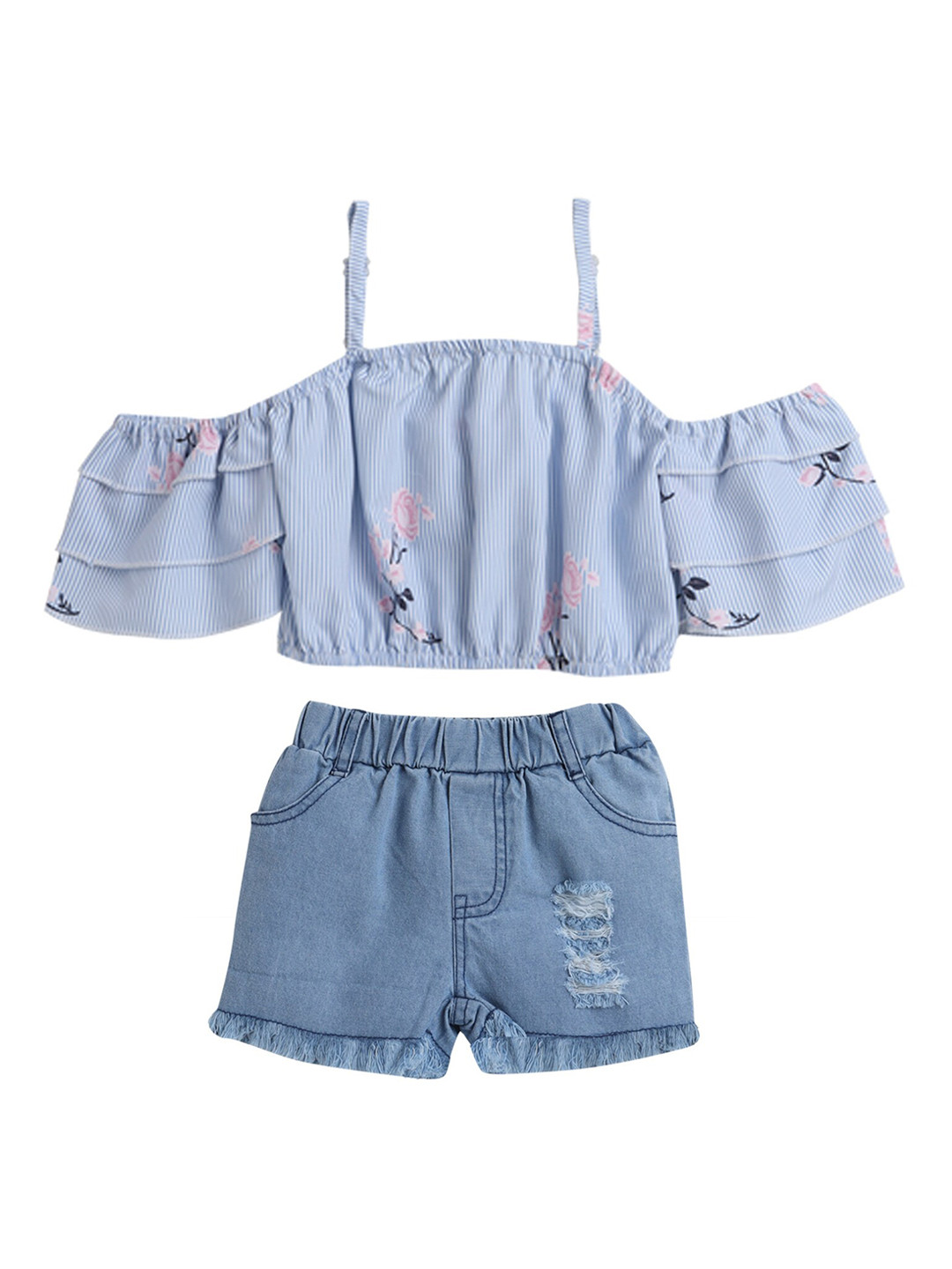 Hopscotch Girls Blue & White Printed Pure Cotton Top With Shorts & Hairband