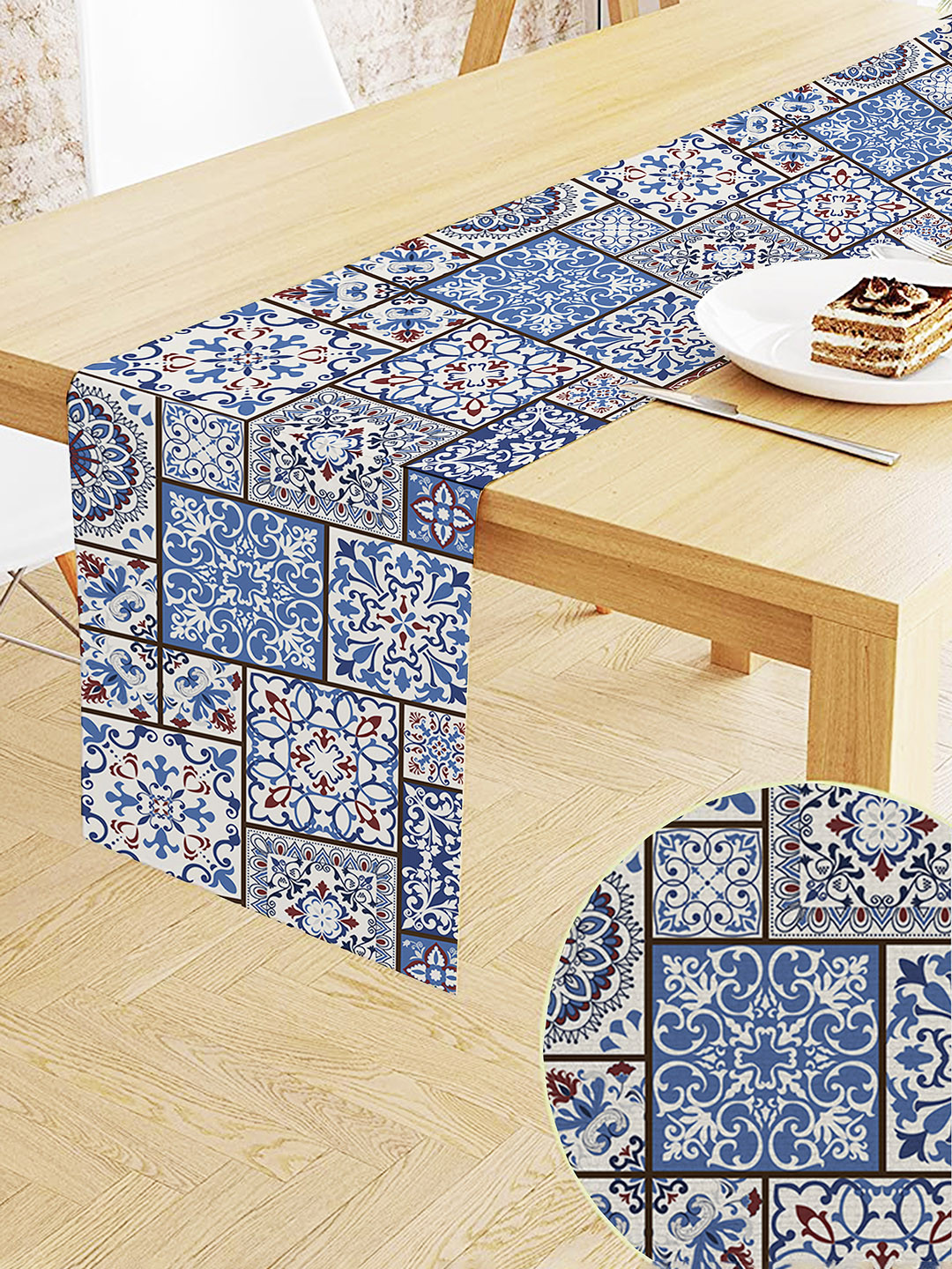 STITCHNEST Blue & White Cotton Canvas Printed Table Runner