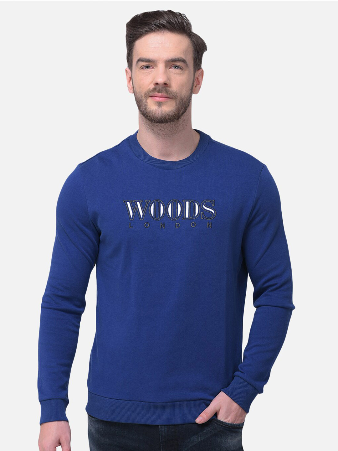 Woods Men Blue Printed Cotton Blend Sweatshirt