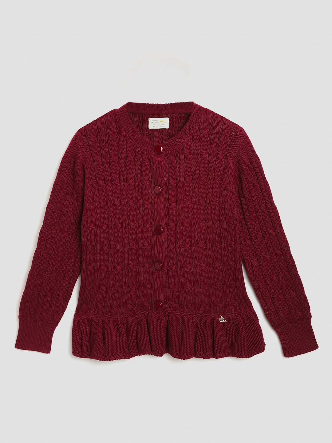 Cherry Crumble Girls Maroon Cable Knit Cardigan