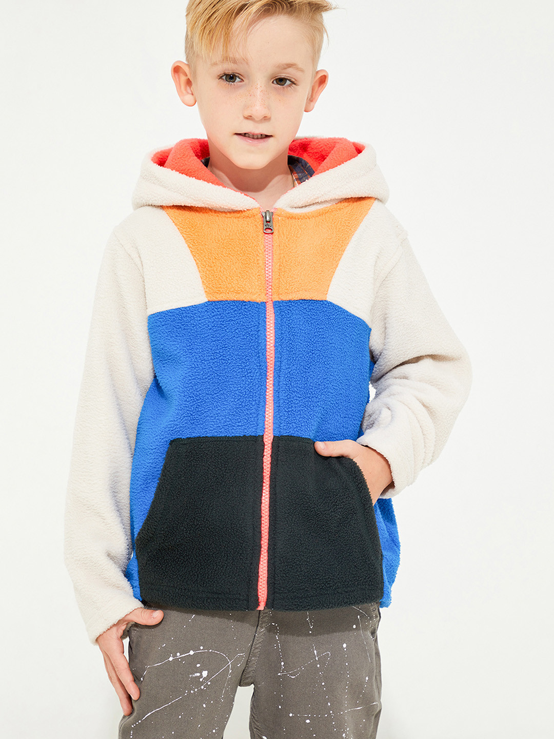 Cherry Crumble Boys Cream-Coloured & Blue Colourblocked Hooded Sweatshirt