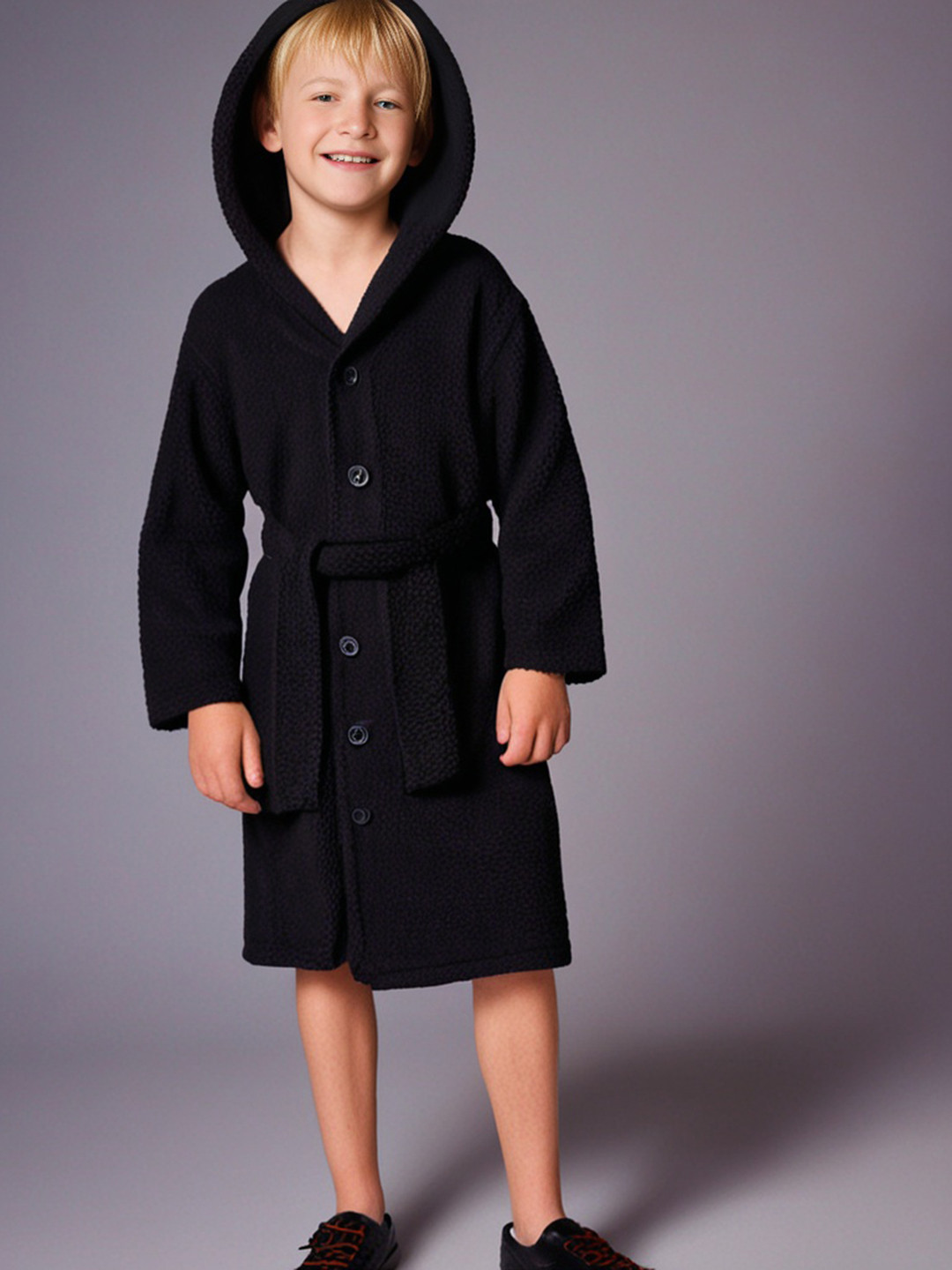Cherry Crumble Kids Black Solid Hooded Robe