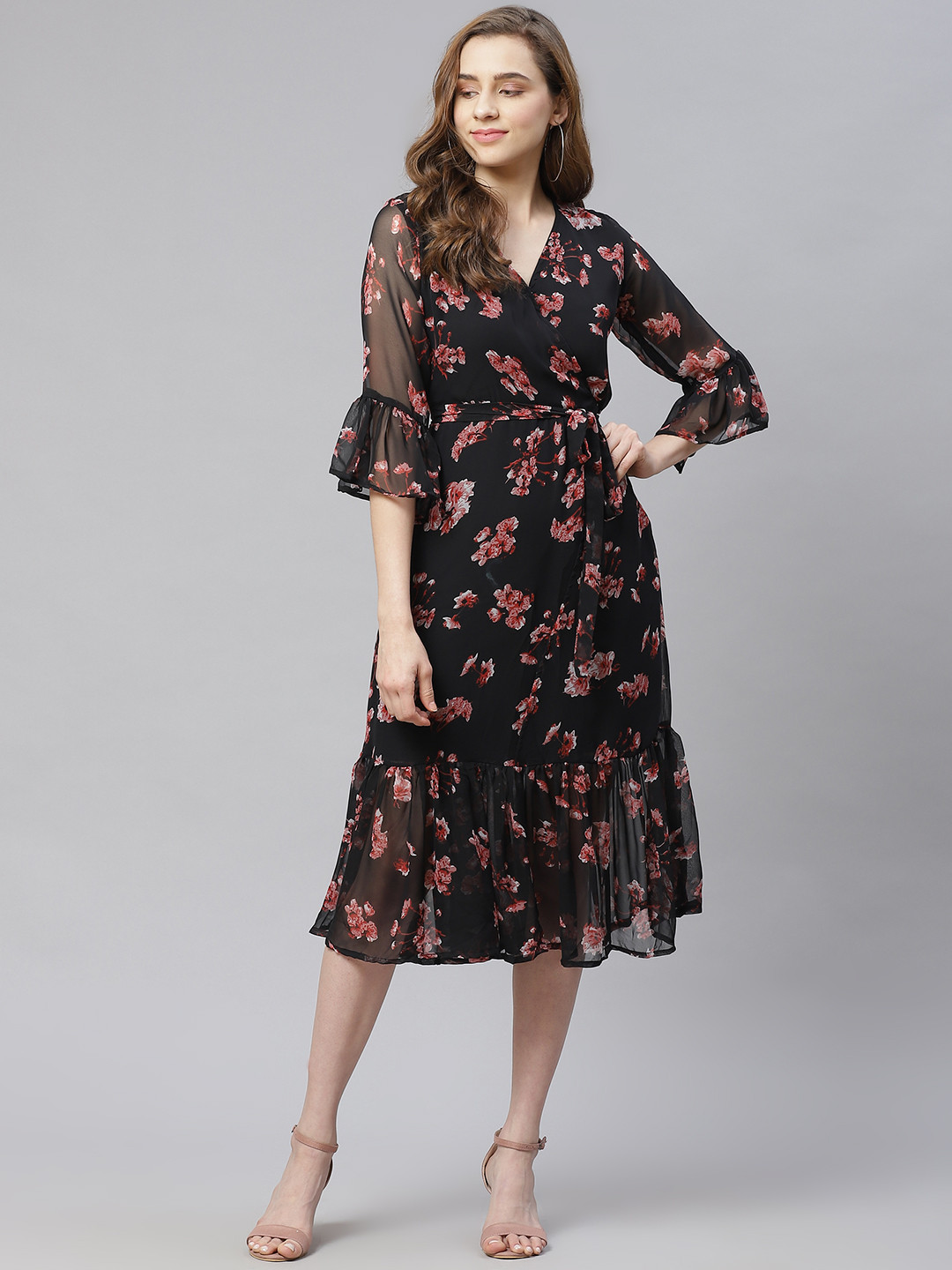 Price History of Sasimo Women Black Red Floral Midi Wrap Dress