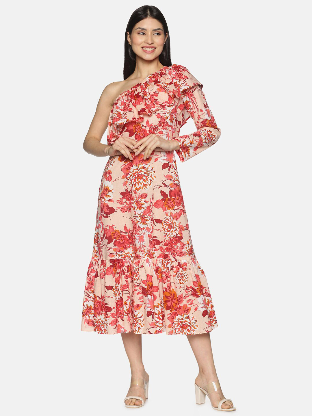ISU Pink Floral One Shoulder Cotton A-Line Midi Dress