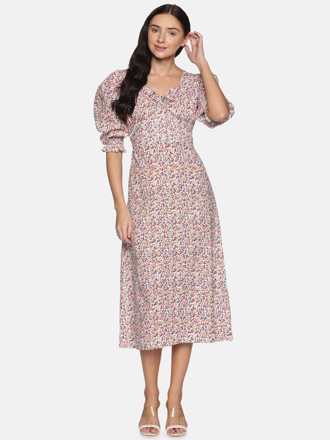 ISU Multicoloured Floral Smocked Sleeve A-Line Dress