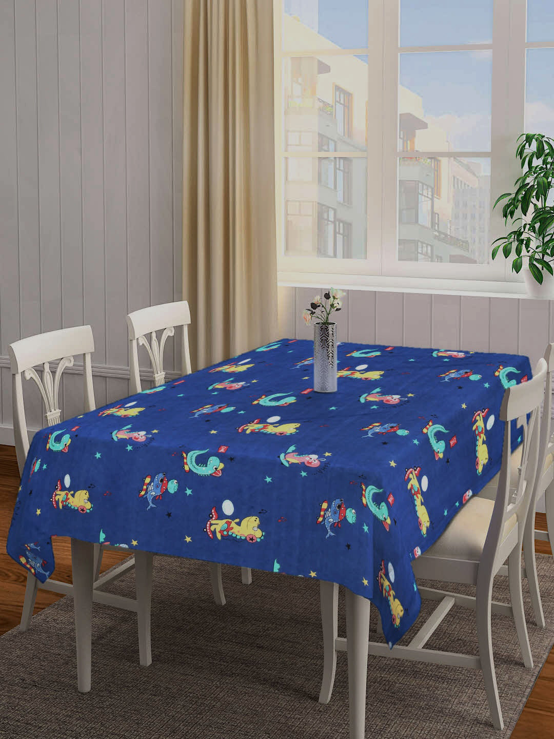 Arrabi Blue Cartoon Cotton Blend 6 Seater Table Cover