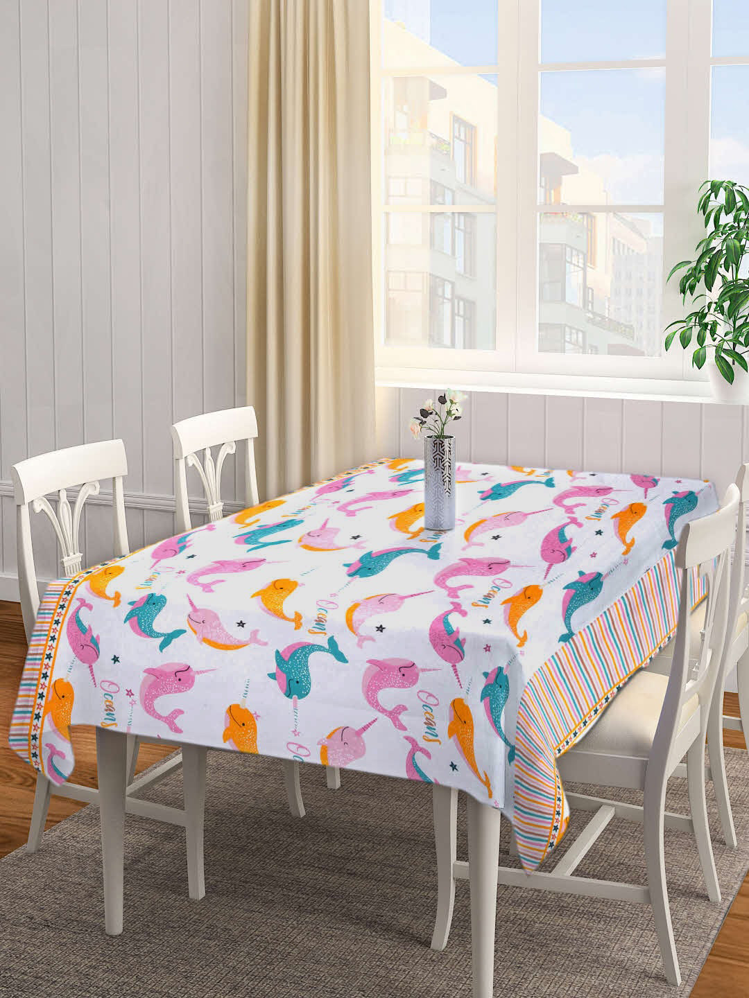 Arrabi White Cartoon TC Cotton Blend 6 Seater Table Cover