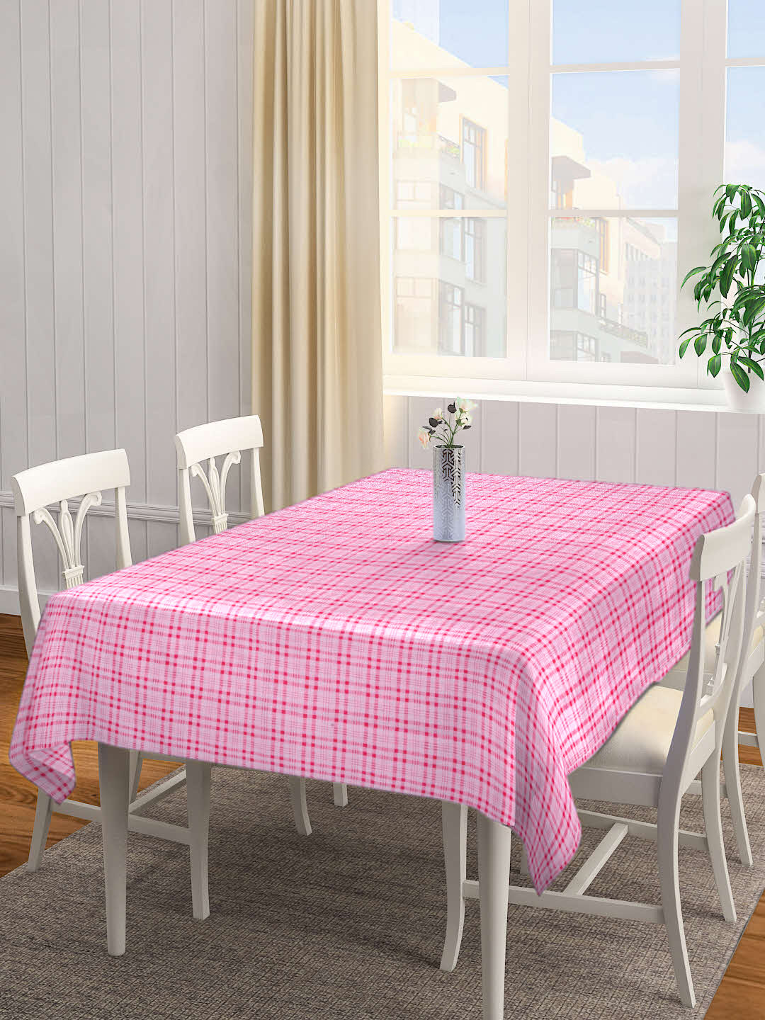 Arrabi Pink Checks TC Cotton Blend 6 Seater Table Cover