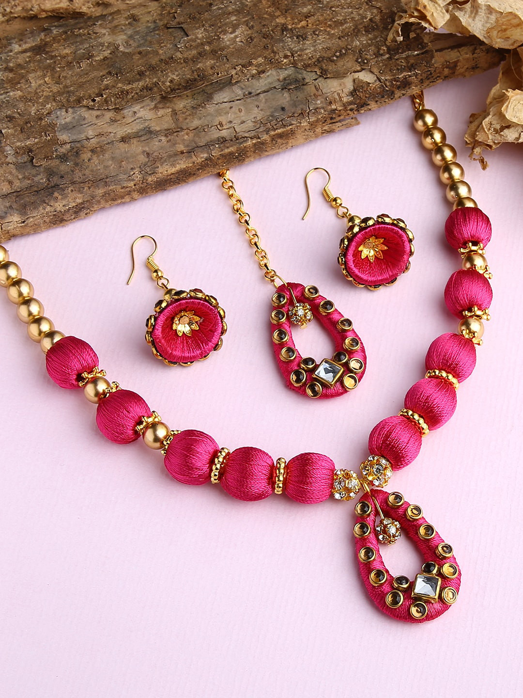 AKSHARA Gold-Plated & Pink Stones-Studded & Beaded Wooden Balls Silk Thread Jewellery Set