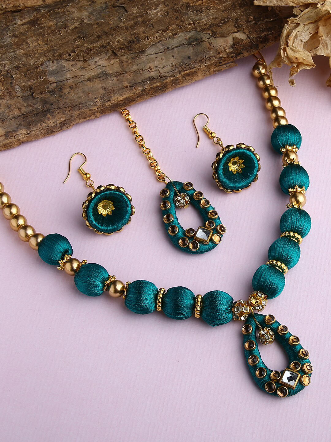 AKSHARA Gold-Plated & Green Wooden Balls Silk Thread Jewellery Set