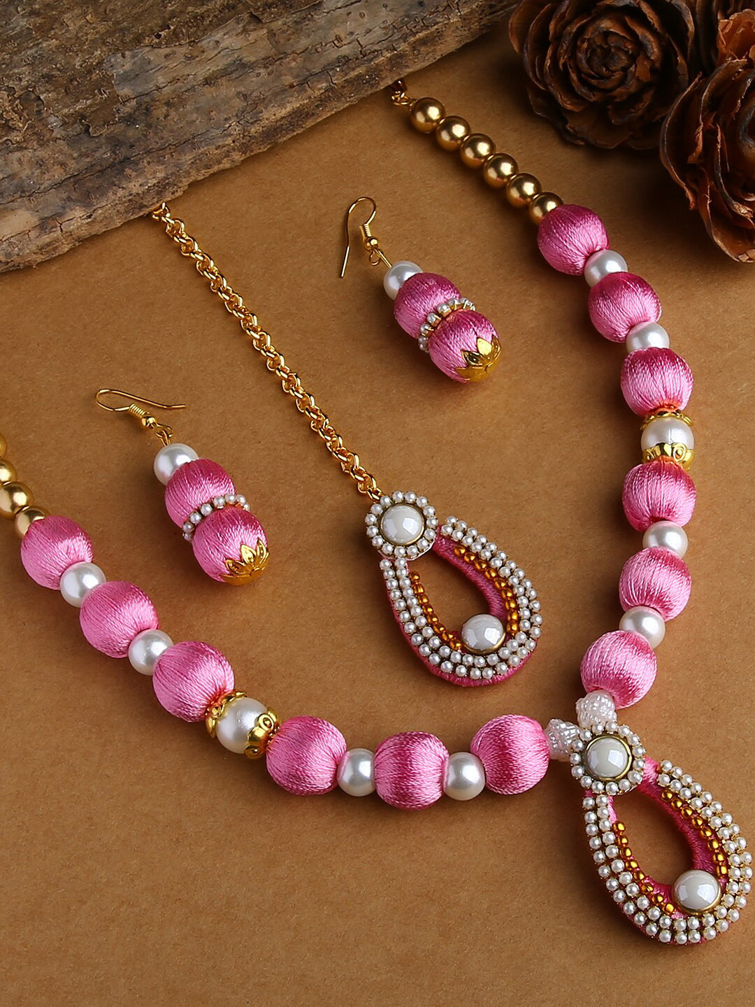 AKSHARA Gold-Plated White & Rose-Pink Stones-Studded & Beaded Wooden Balls Silk Thread Jewellery Set