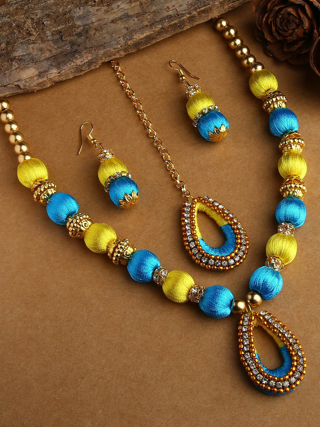 AKSHARA Gold-Plated Multi Coloured Stone-Studded & Beaded Wooden Balls Silk Thread Jewellery Set
