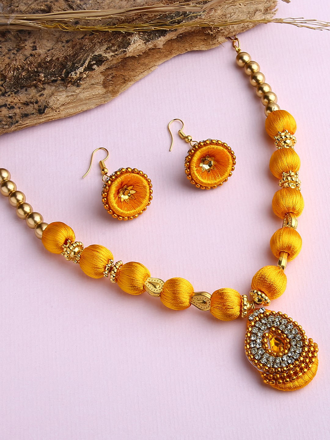 AKSHARA Gold-Plated & Yellow Handcrafted Thread Jewellery Set
