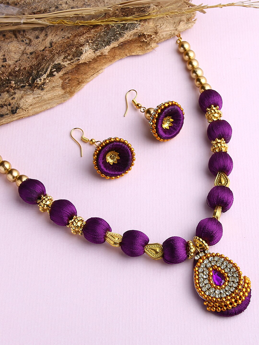 AKSHARA Women Purple Stone-Studded & Beaded Silk Thread Jewelry Set