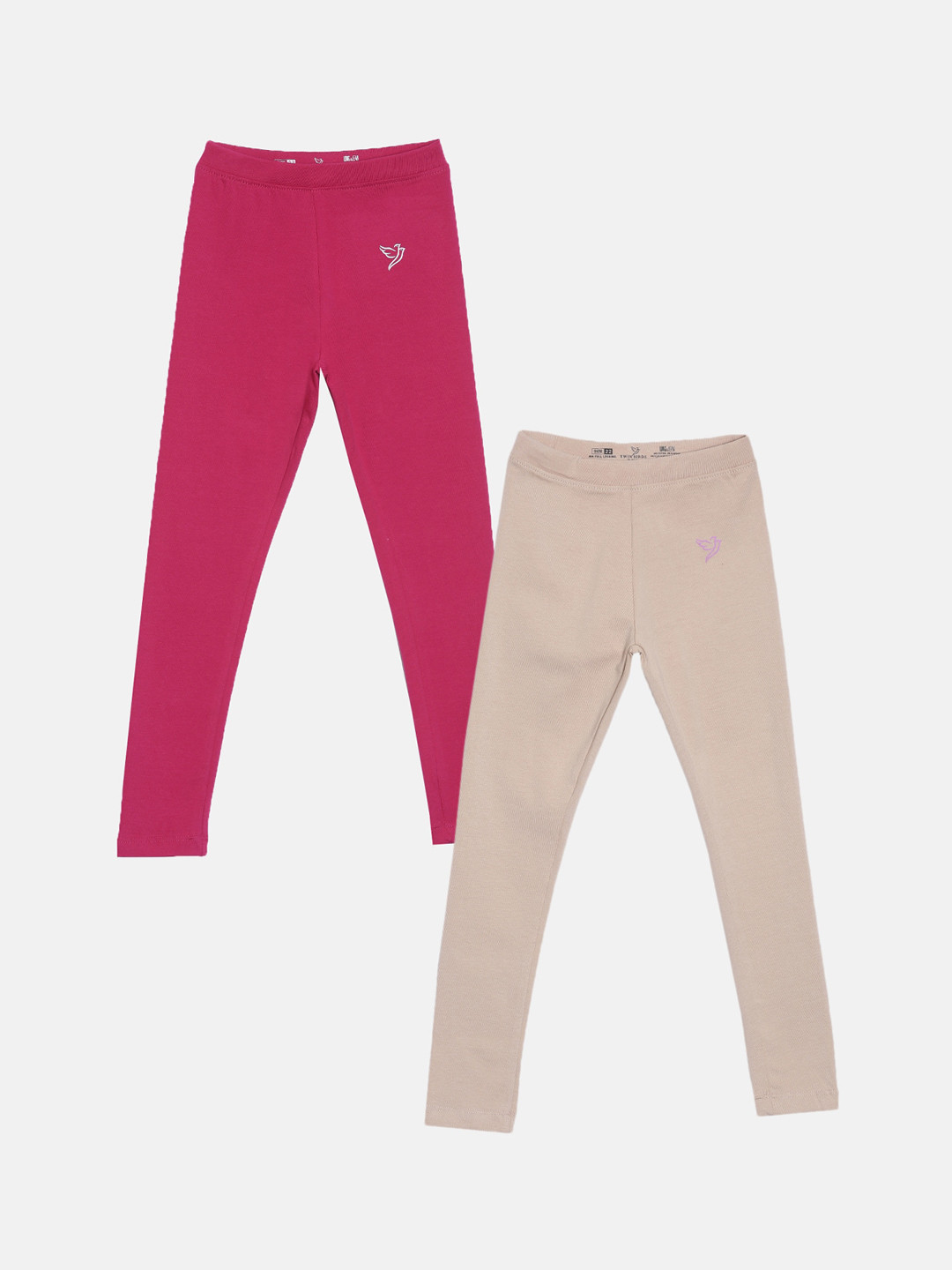 TWIN BIRDS Girls Pack Of 2 Pink & Beige Pure Cotton Tailored-Fit Ankle-Length Leggings
