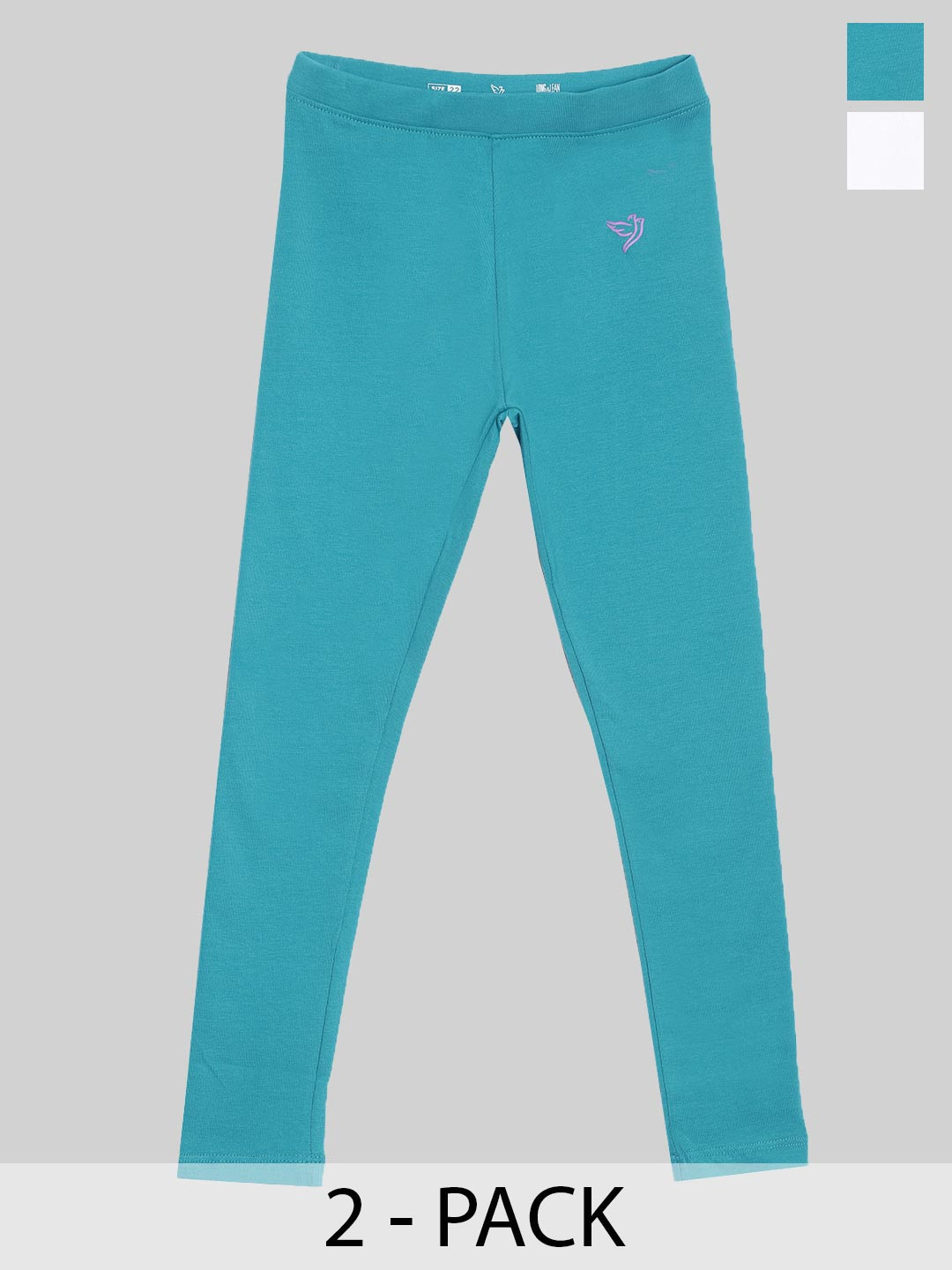 TWIN BIRDS Girls Pack Of 2 White & Teal Green Solid Ankle-Length Leggings