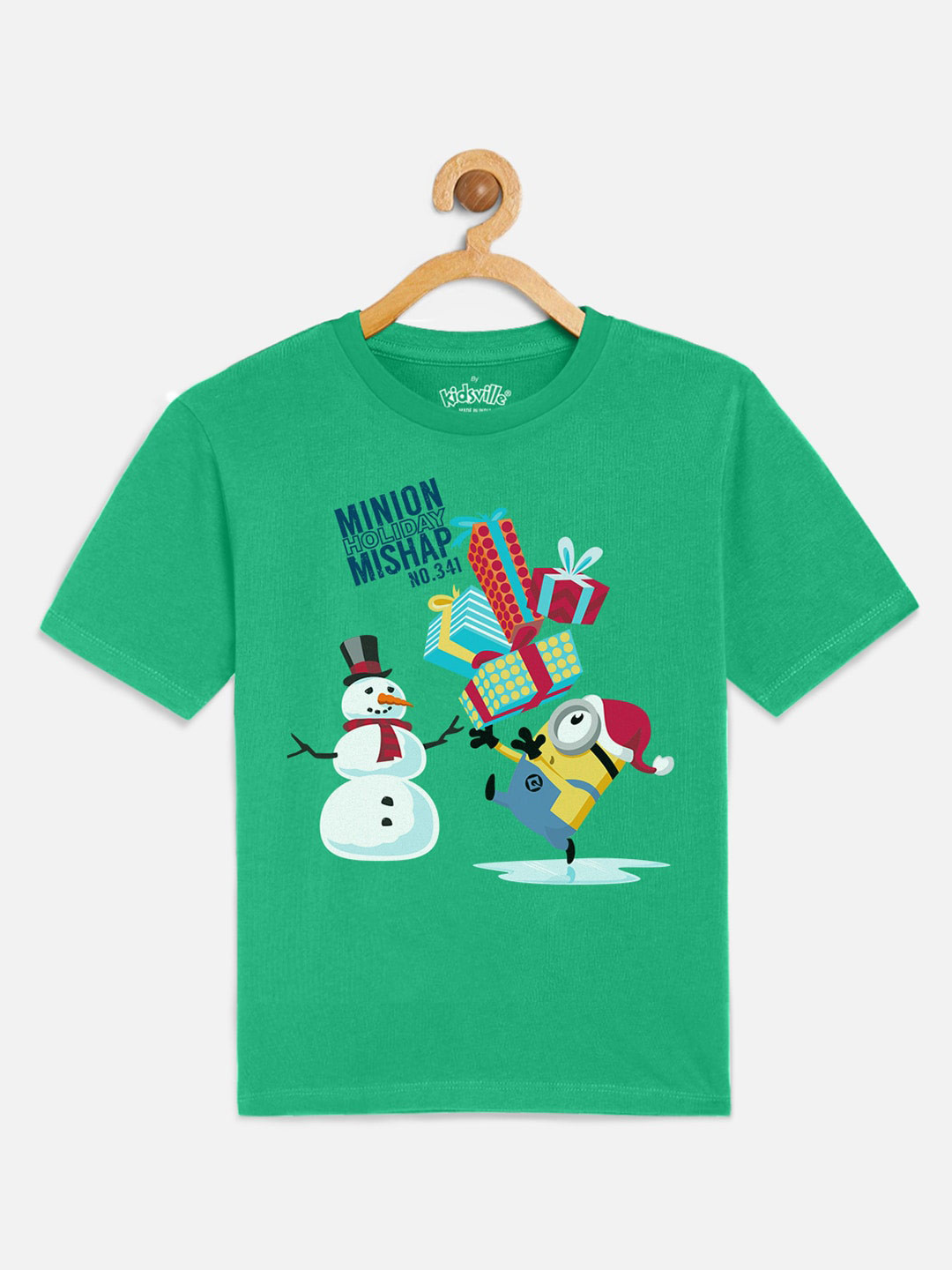 Kids Ville Minions Christmas Boys Green Printed Cotton T-shirt