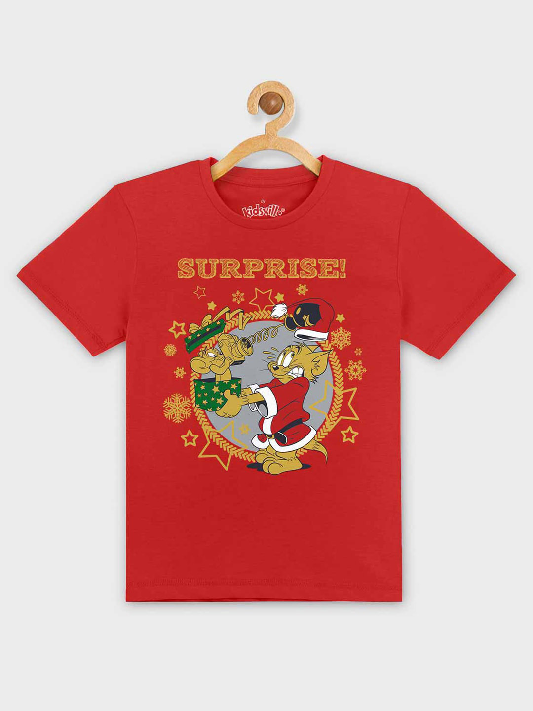 Kids Ville Boys Red Tom & Jerry Christmas Printed Applique T-shirt
