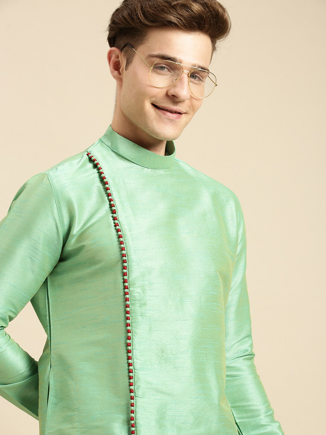 Here&Now X Sanwara  Men Green Solid Designer Art Silk Thread Work Kurta