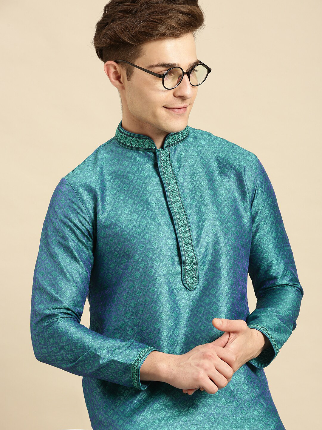 Here&Now X Sanwara  Men Green Thread Work Woven Designer Jacquard Kurta