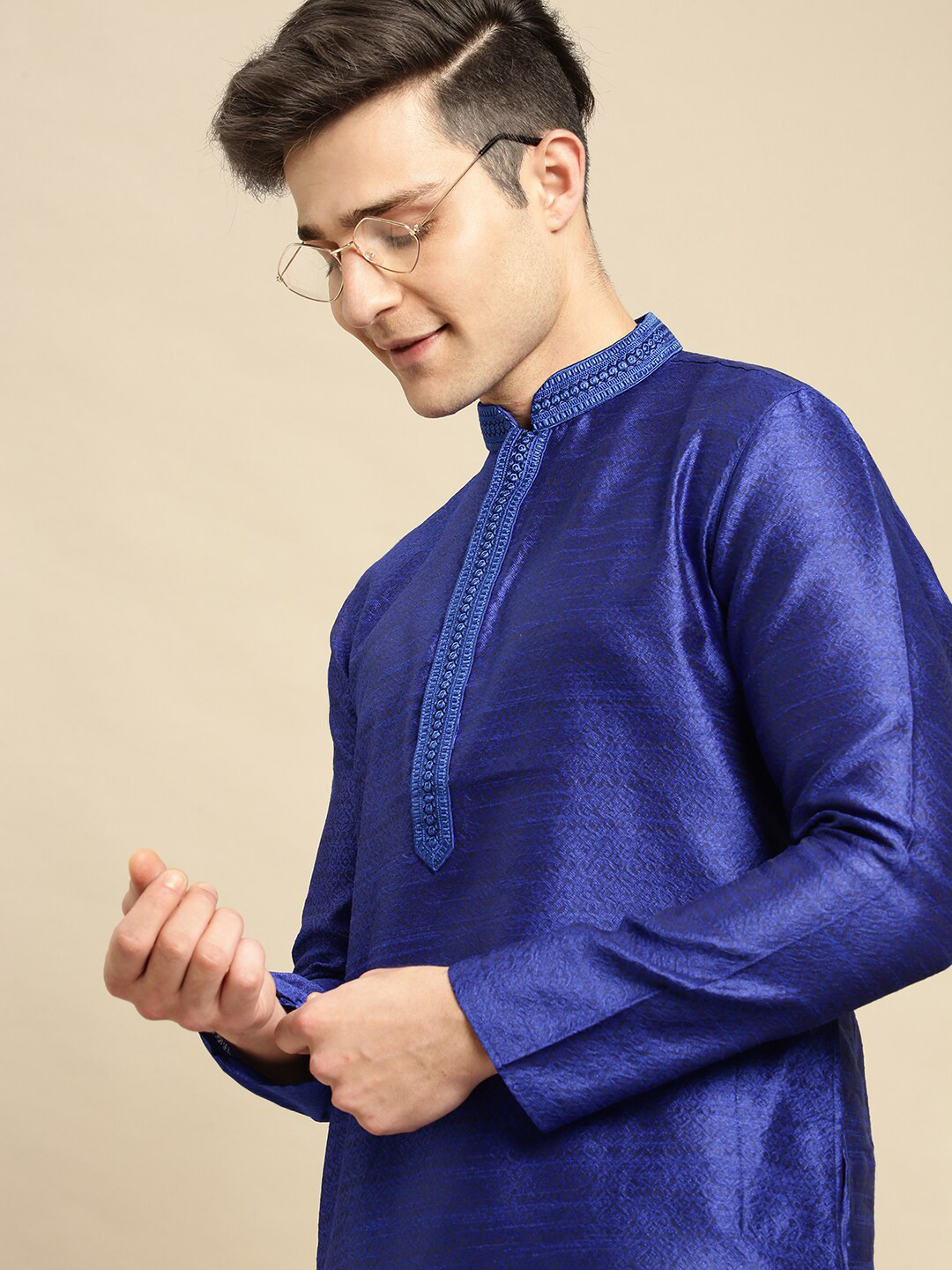 Here&Now X Sanwara  Men Blue Woven Designer Jacquard Kurta