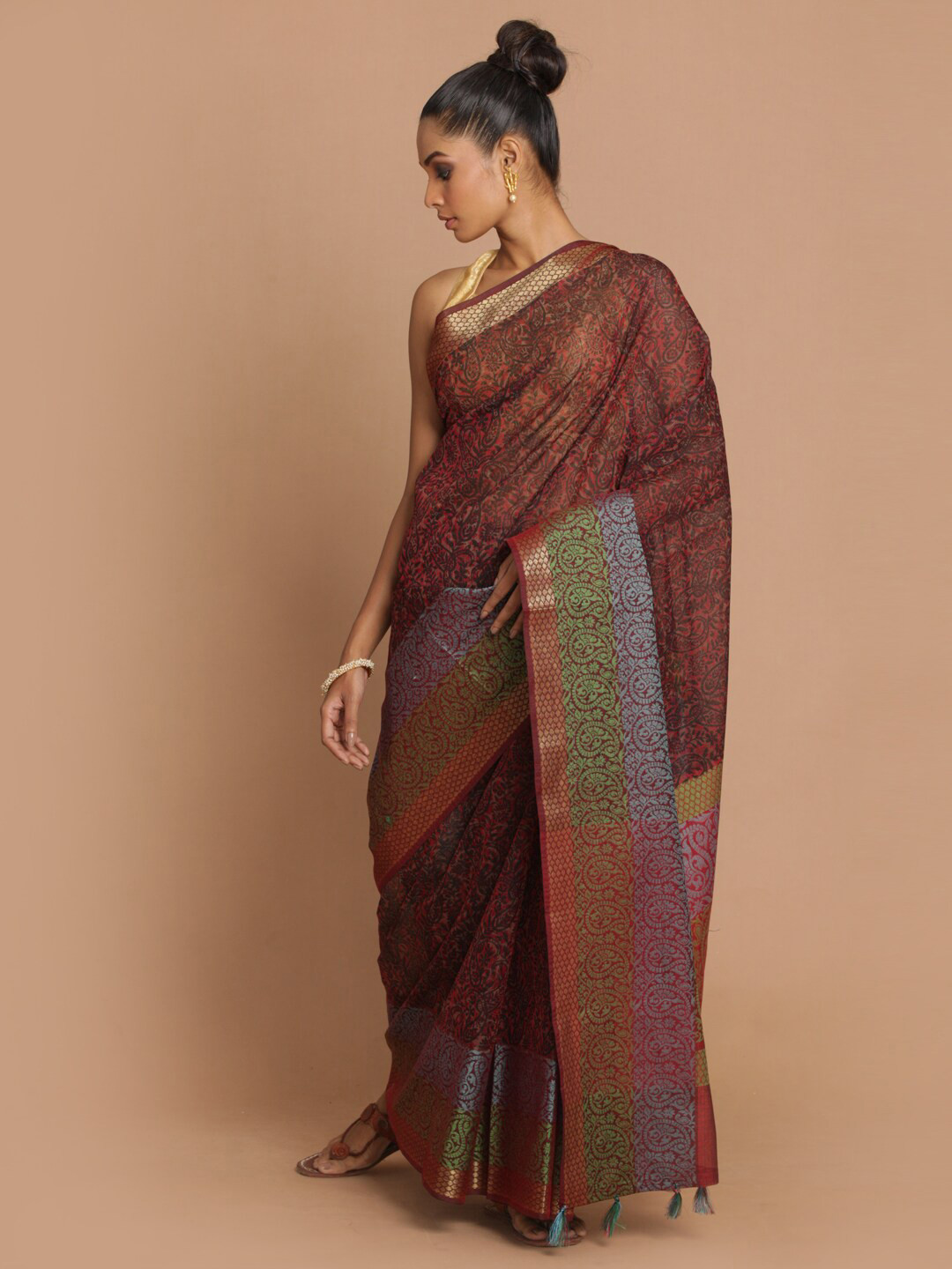 Saranee Maroon & Green Printed Zari BorderSaree