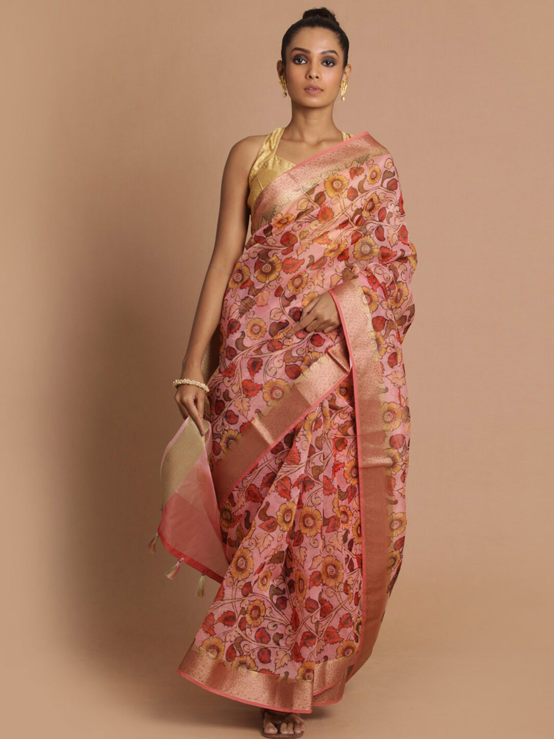Saranee Pink & Gold-Toned Floral Organza Banarasi Saree
