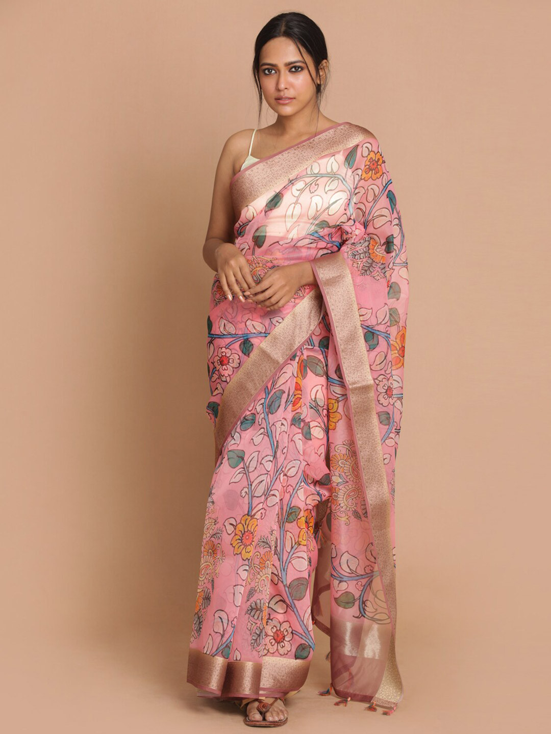 Saranee Coral & Blue Floral Printed Organza Banarasi Saree