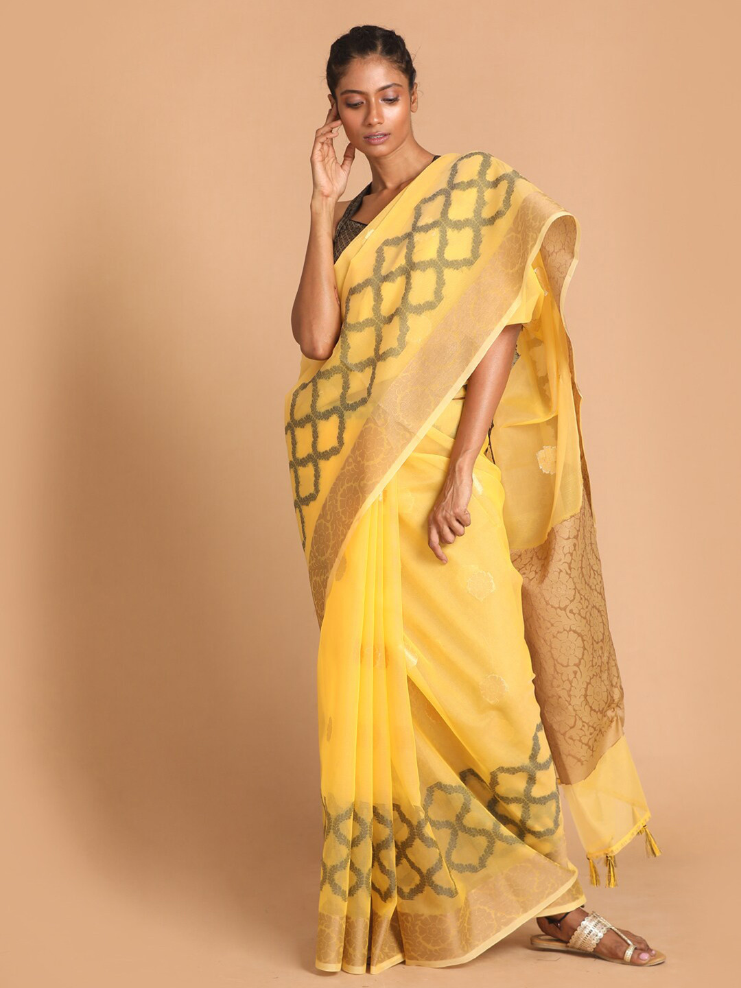 Indethnic Yellow & Green Ethnic Motifs Zari Organza Banarasi Saree