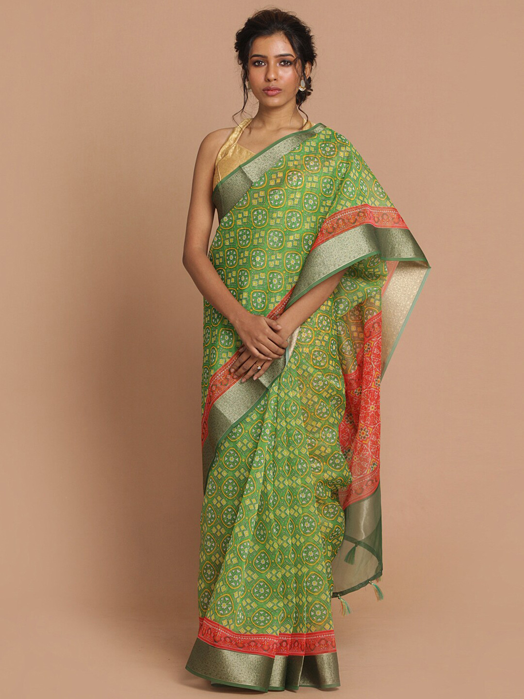 Saranee Green & Pink Ajrak Organza Banarasi Saree