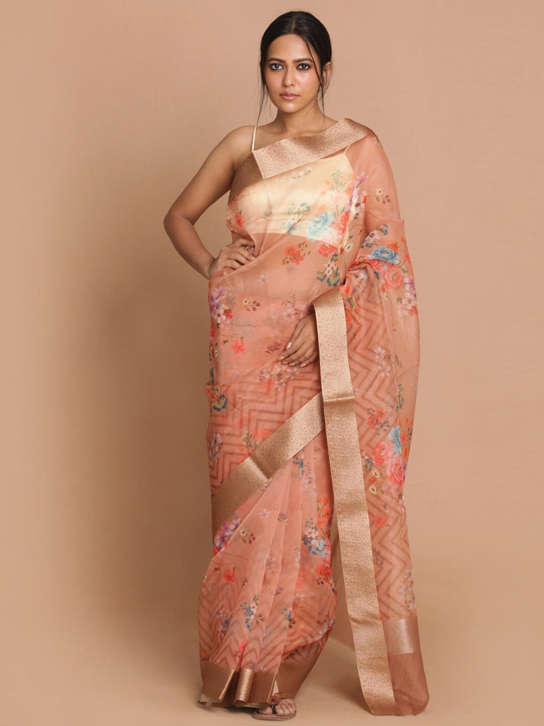 Saranee Tan Floral Organza Banarasi Saree