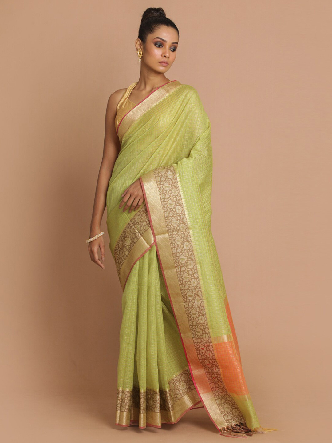 Indethnic Green & Gold Checked Zari Banarasi Saree