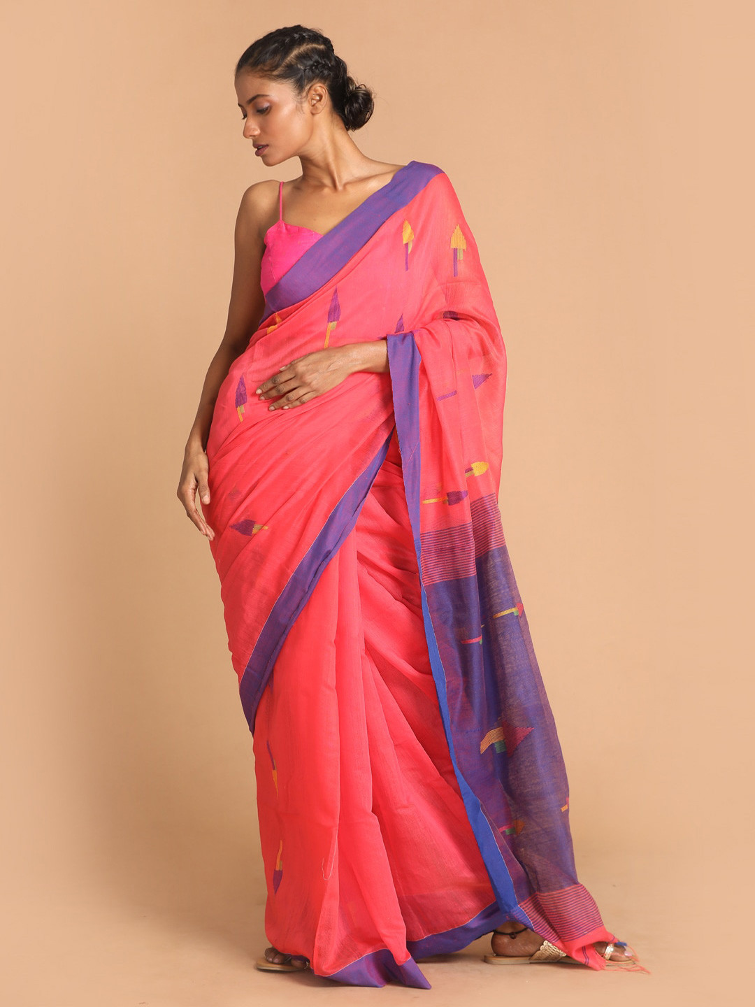 Indethnic Women Coral & Purple Woven Design Cotton Blend Jamdani Saree