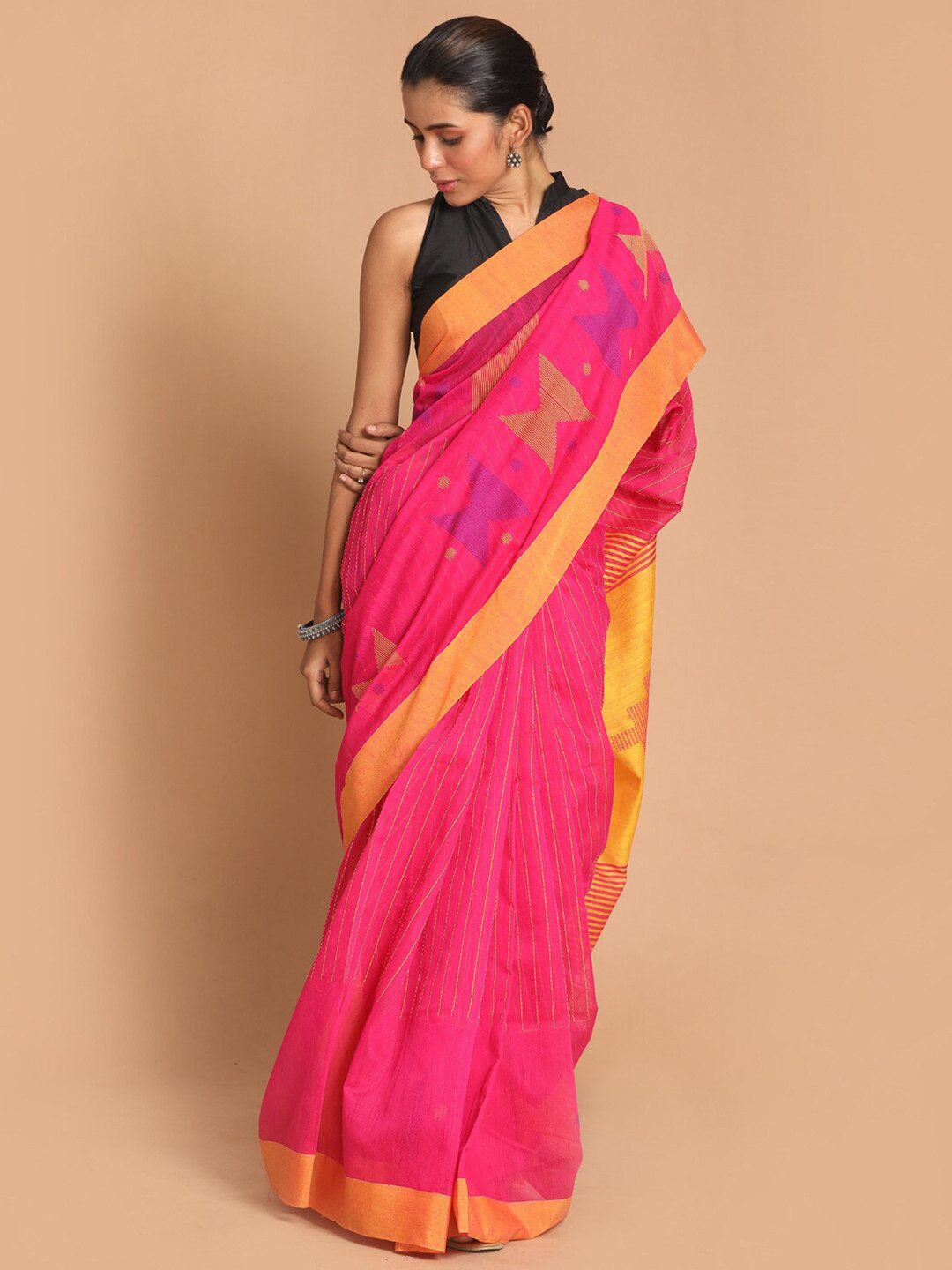 Indethnic Pink & Orange Jamdani Saree