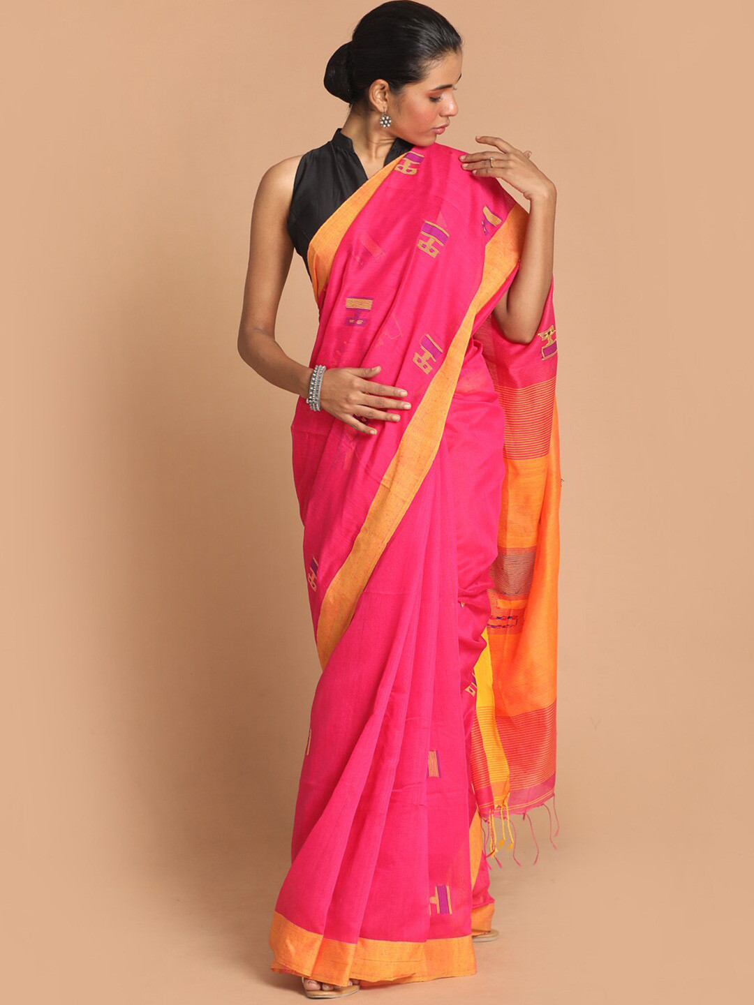 Indethnic Pink & Orange Woven Design Jamdani Saree