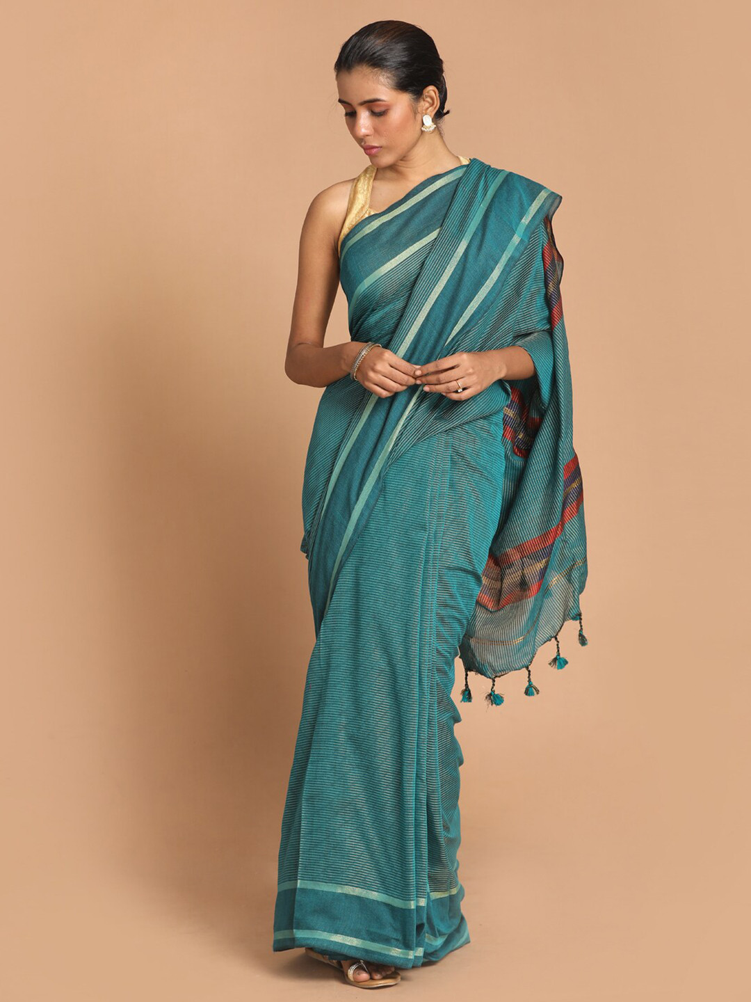 Indethnic Teal Striped Jamdani Saree