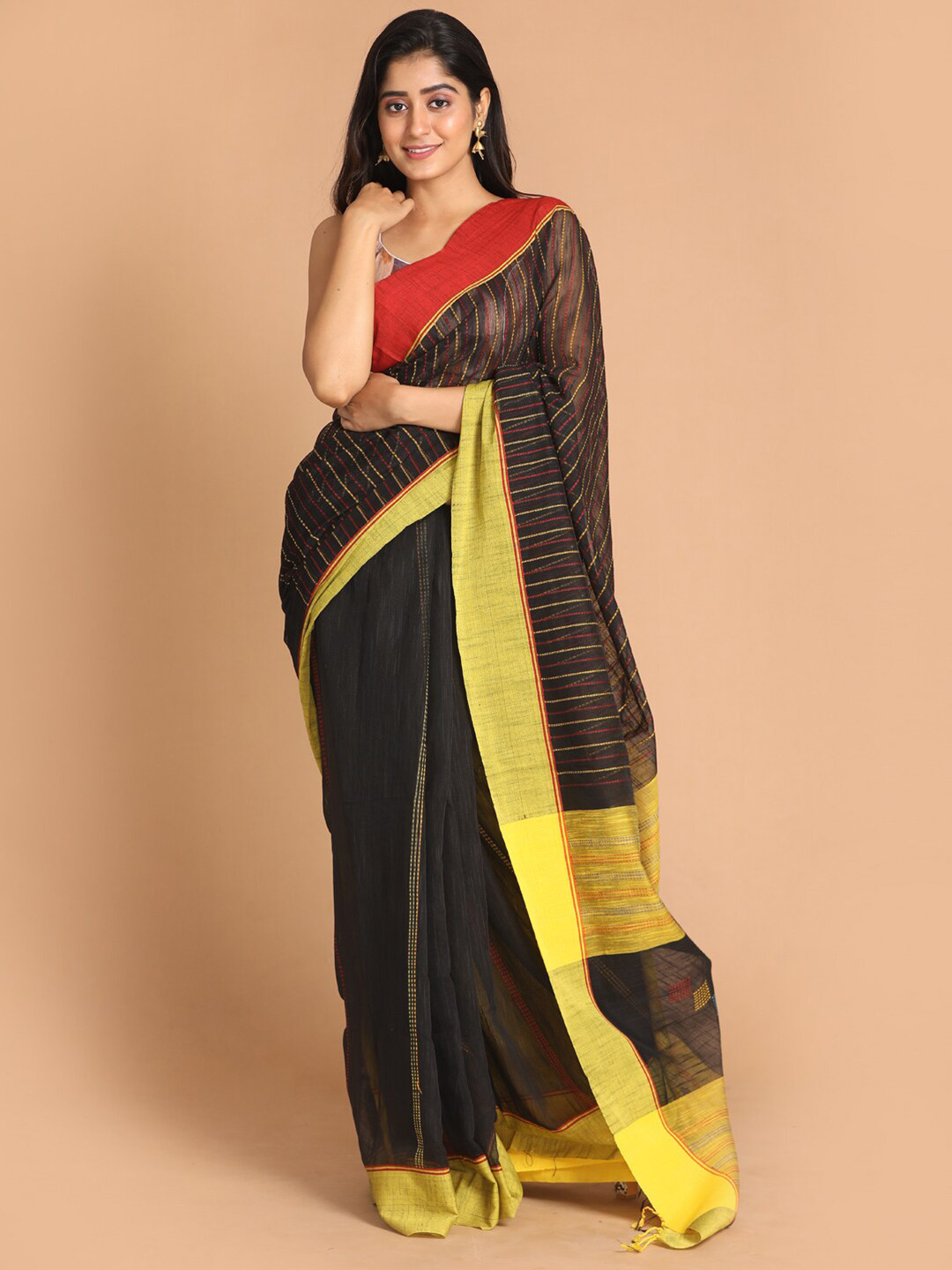 Indethnic Black & Yellow Striped Jamdani Saree