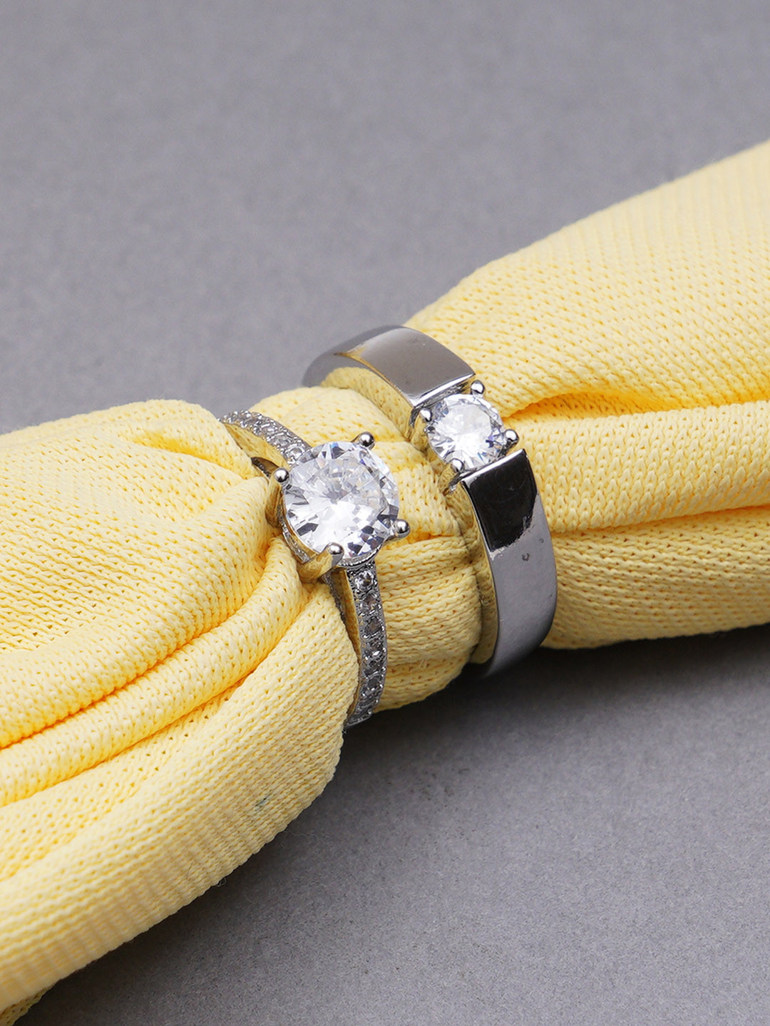 KARATCART Set Of 2 Silver-Toned Cubic Zirconia Couple Adjustable Solitaire Rings