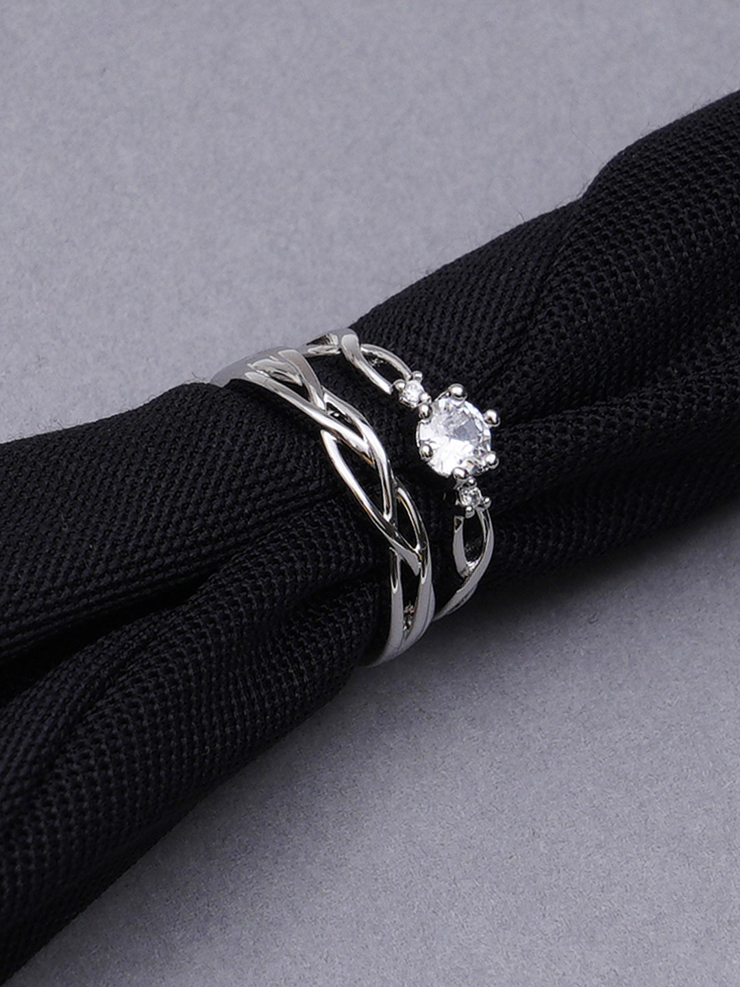 KARATCART Set Of 2 Silver-Plated Crystal Elegant Couple Adjustable Rings