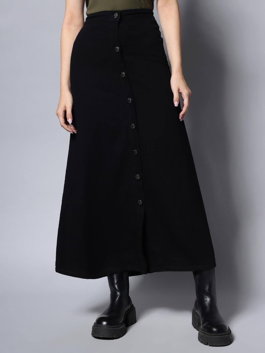 High Star Women Black Solid A-Line Midi Denim Skirt